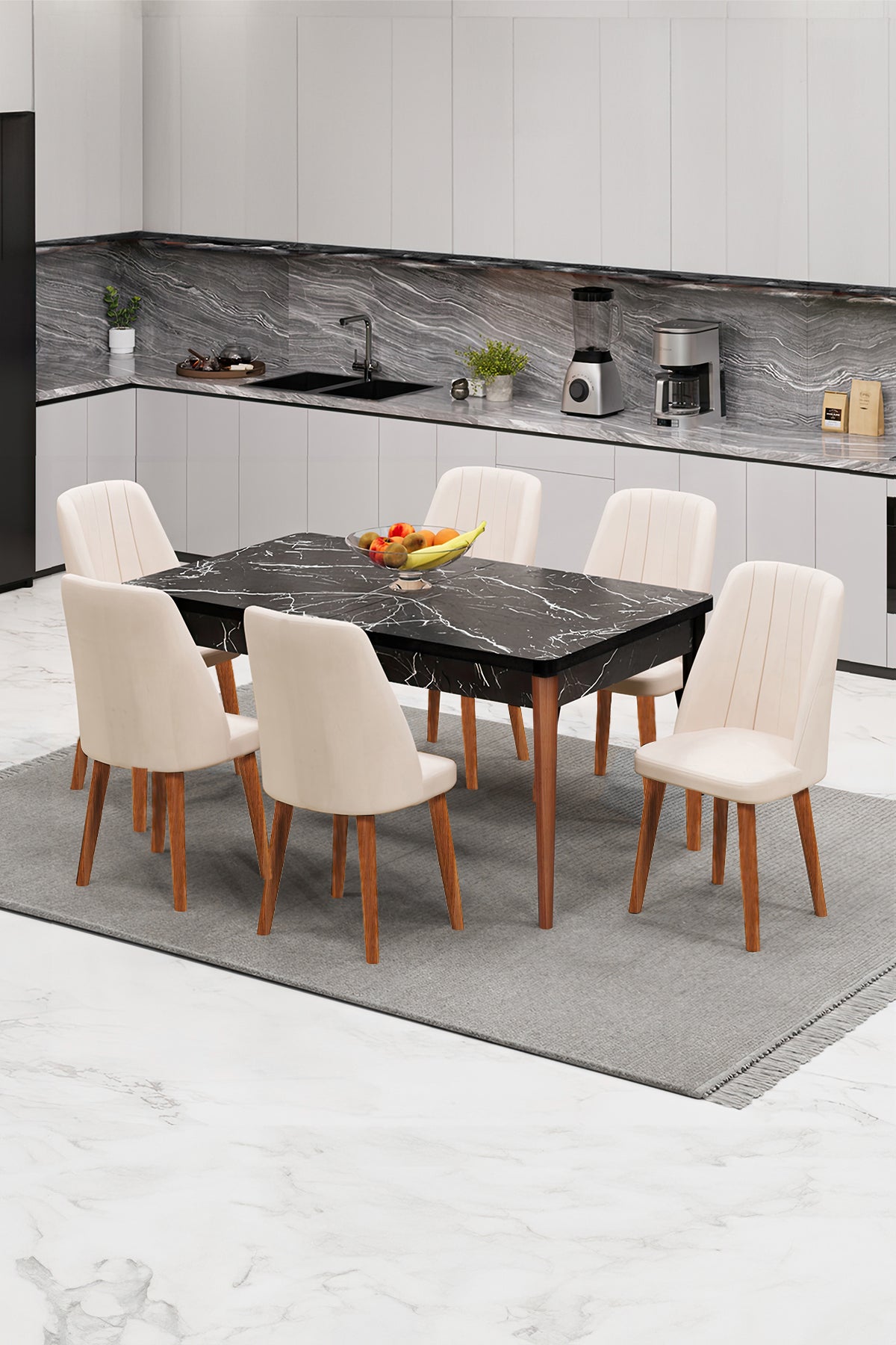 Set Masa extensibila neagră cu picoare de lemn extensibilă cu 6 scaune Barcelona