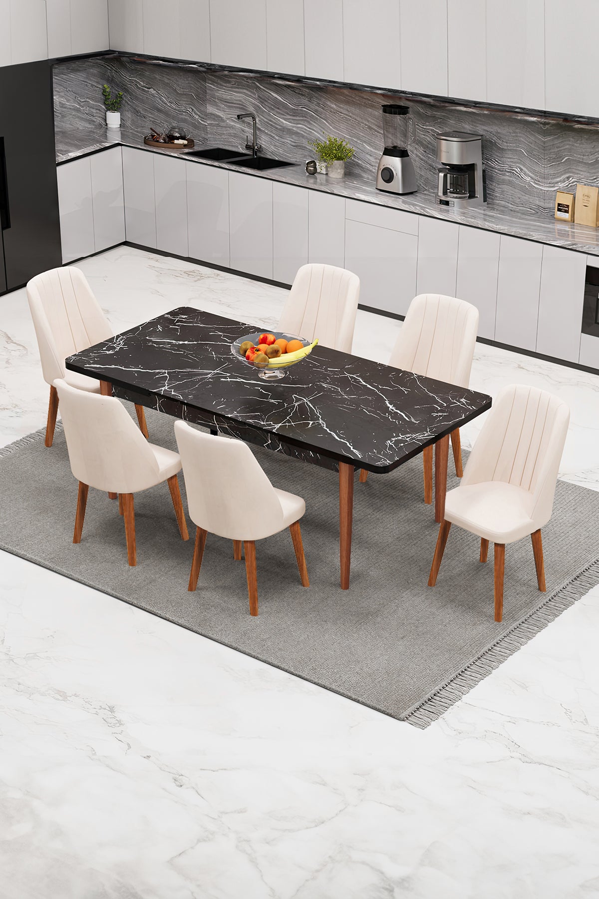 Set Masa extensibila neagră cu picoare de lemn extensibilă cu 6 scaune Barcelona
