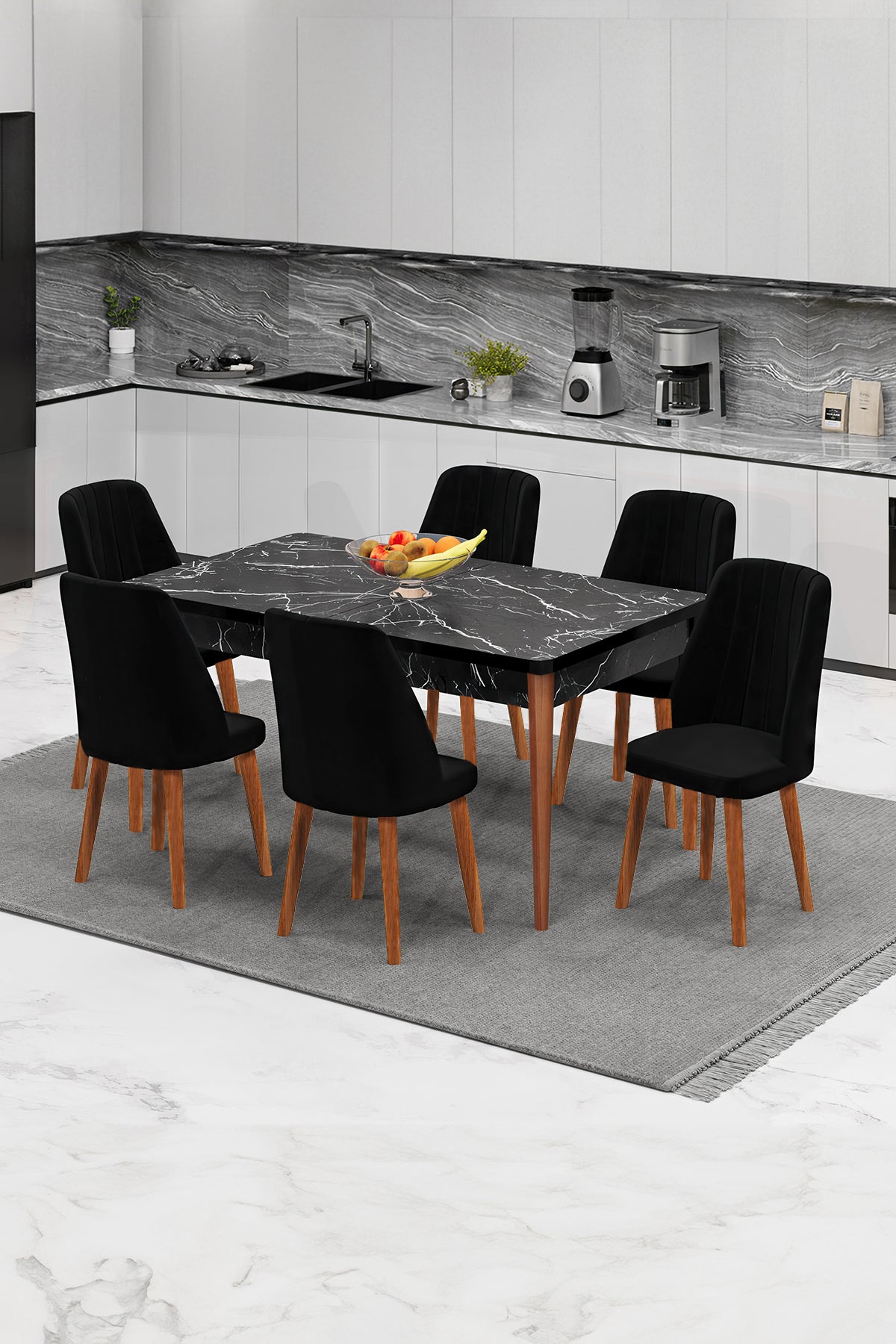 Set Masa extensibila neagră cu picoare de lemn extensibilă cu 6 scaune Barcelona