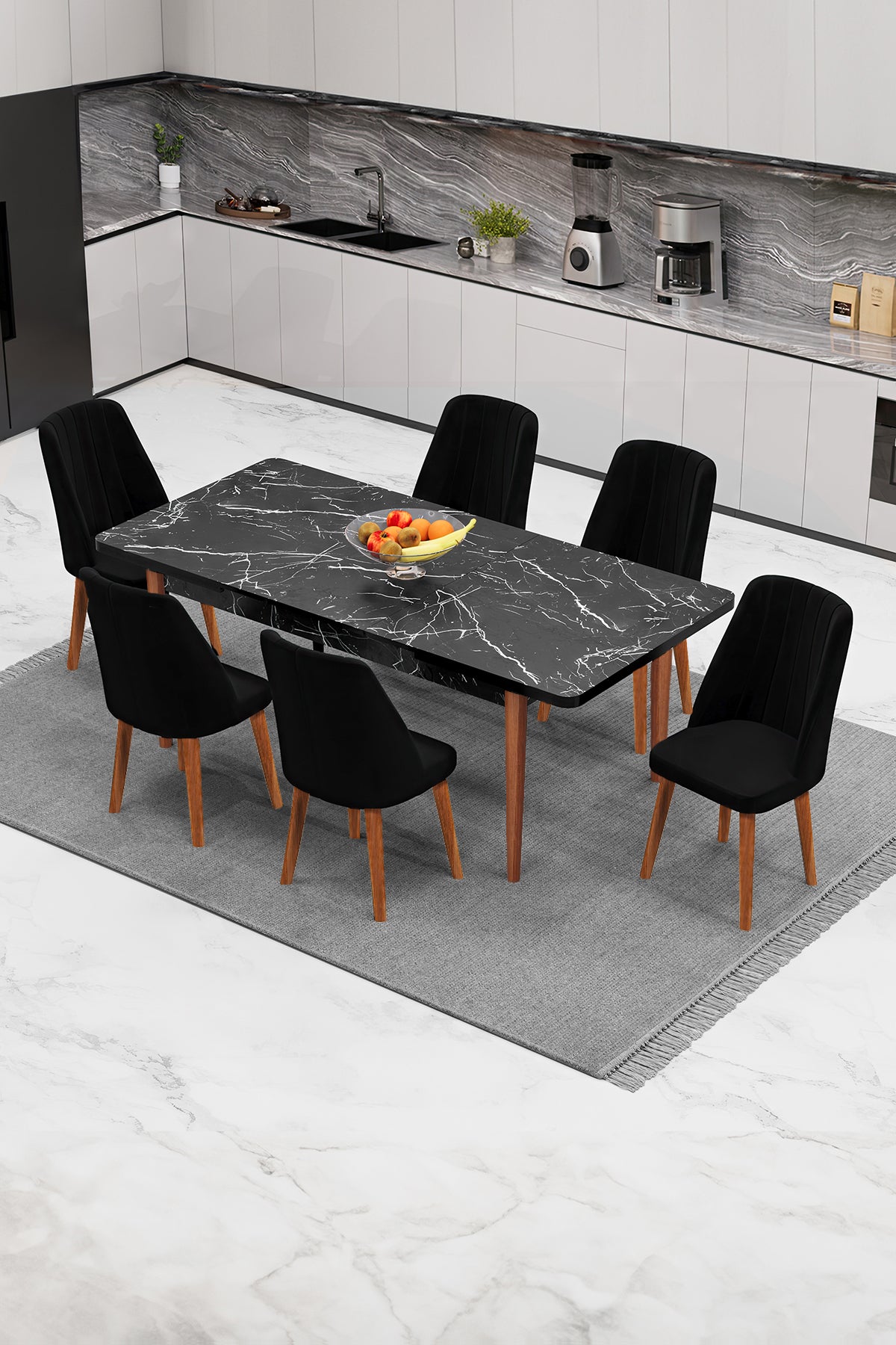 Set Masa extensibila neagră cu picoare de lemn extensibilă cu 6 scaune Barcelona